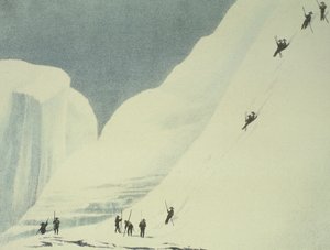 Descending the Steep Snows, from A Narrative of an Ascent to the Summit of Mont Blanc af Charles Fellows (1799-1860), udgivet 1827 af English School